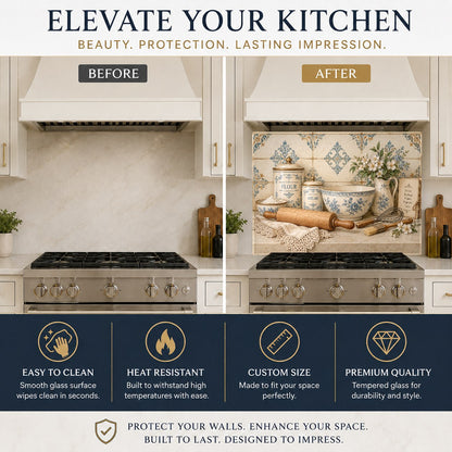 Kitchen stove protected by a vibrant Baking Canisters glass backsplash