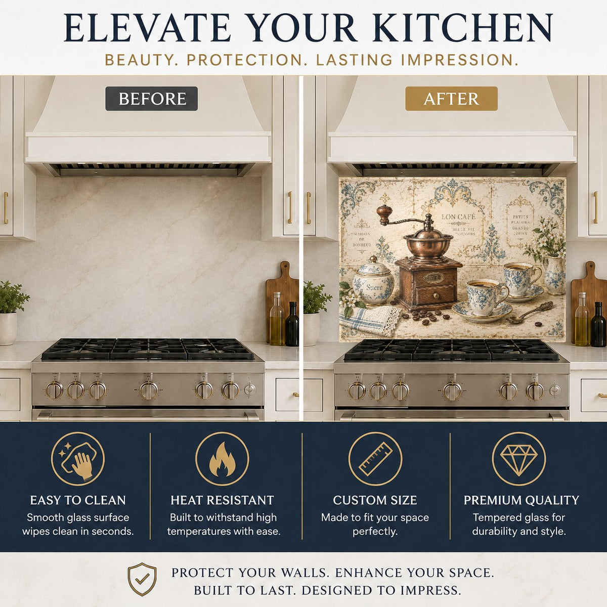 Coffee grinder glass backsplash protector mounted behind a kitchen range