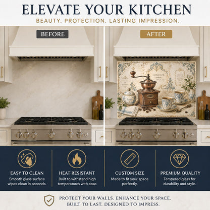Coffee grinder glass backsplash protector mounted behind a kitchen range