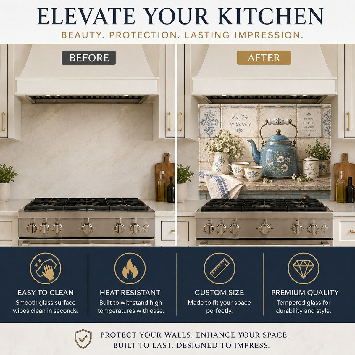 Tempered glass kitchen backsplash with daisy kettle design behind sink
