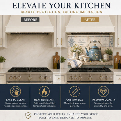 Tempered glass kitchen backsplash with daisy kettle design behind sink