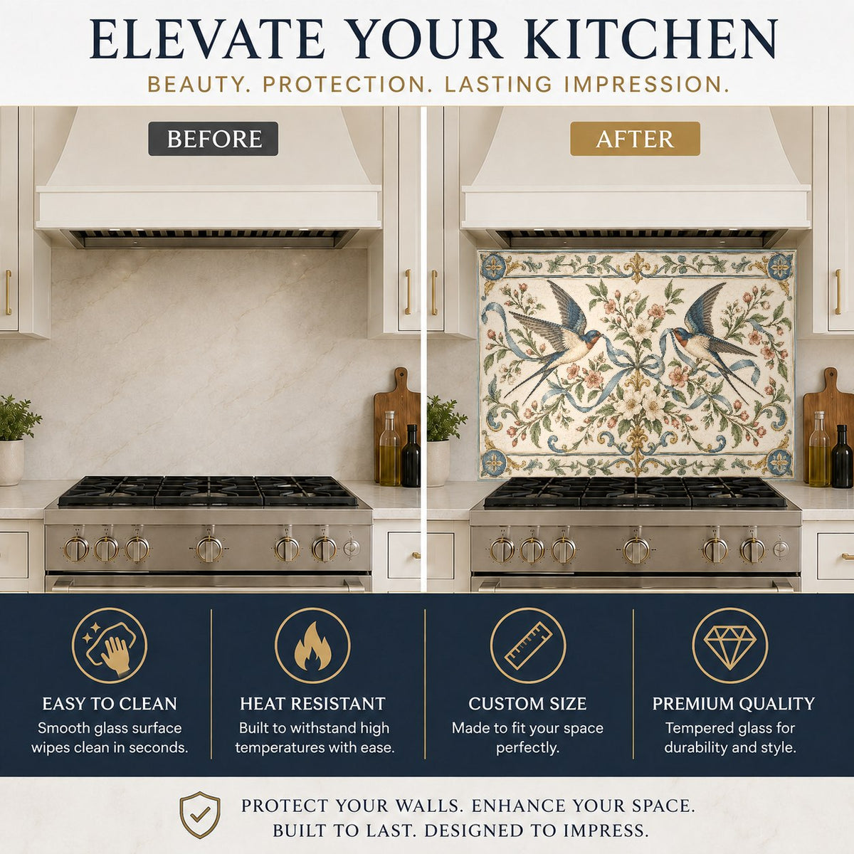 Swallow Ribbon kitchen backsplash panel featuring graceful birds behind a prep island