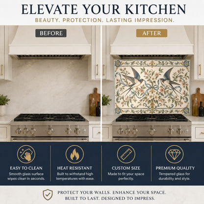Swallow Ribbon kitchen backsplash panel featuring graceful birds behind a prep island