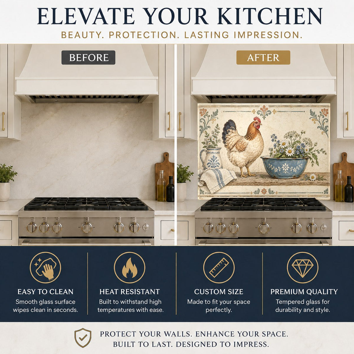 Farmhouse hen glass backsplash protecting kitchen wall behind an electric range