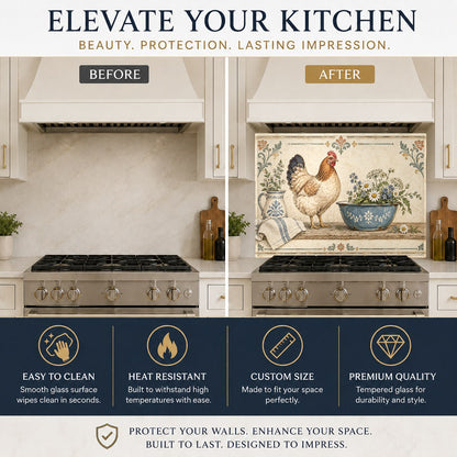 Farmhouse hen glass backsplash protecting kitchen wall behind an electric range