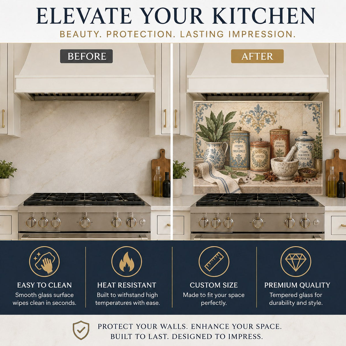 Culinary theme glass kitchen panel behind a kitchen island prep station