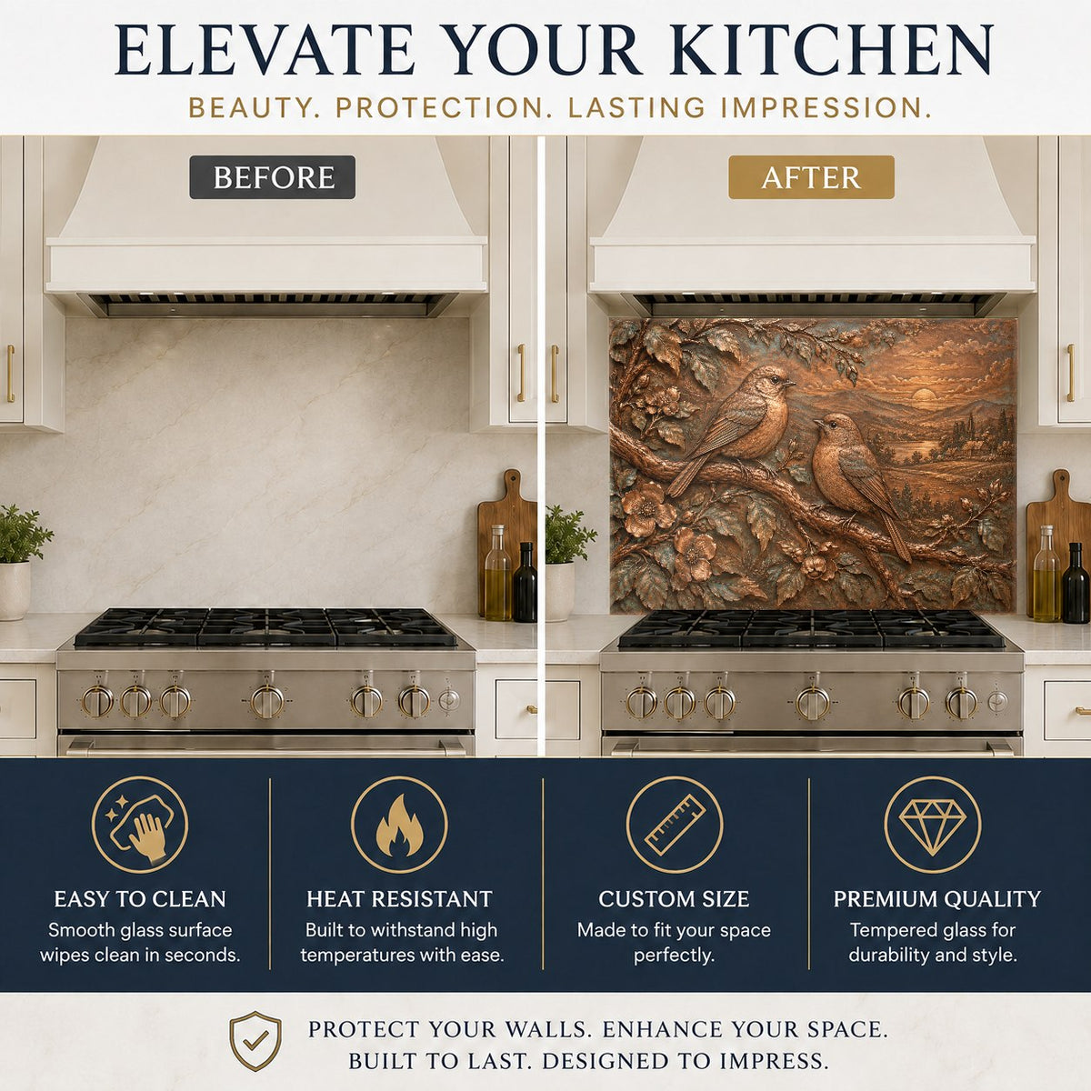 Nature-inspired songbird branch glass backsplash protecting a kitchen sink wall