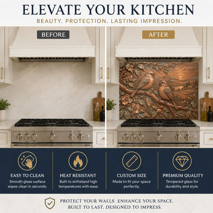 Nature-inspired songbird branch glass backsplash protecting a kitchen sink wall