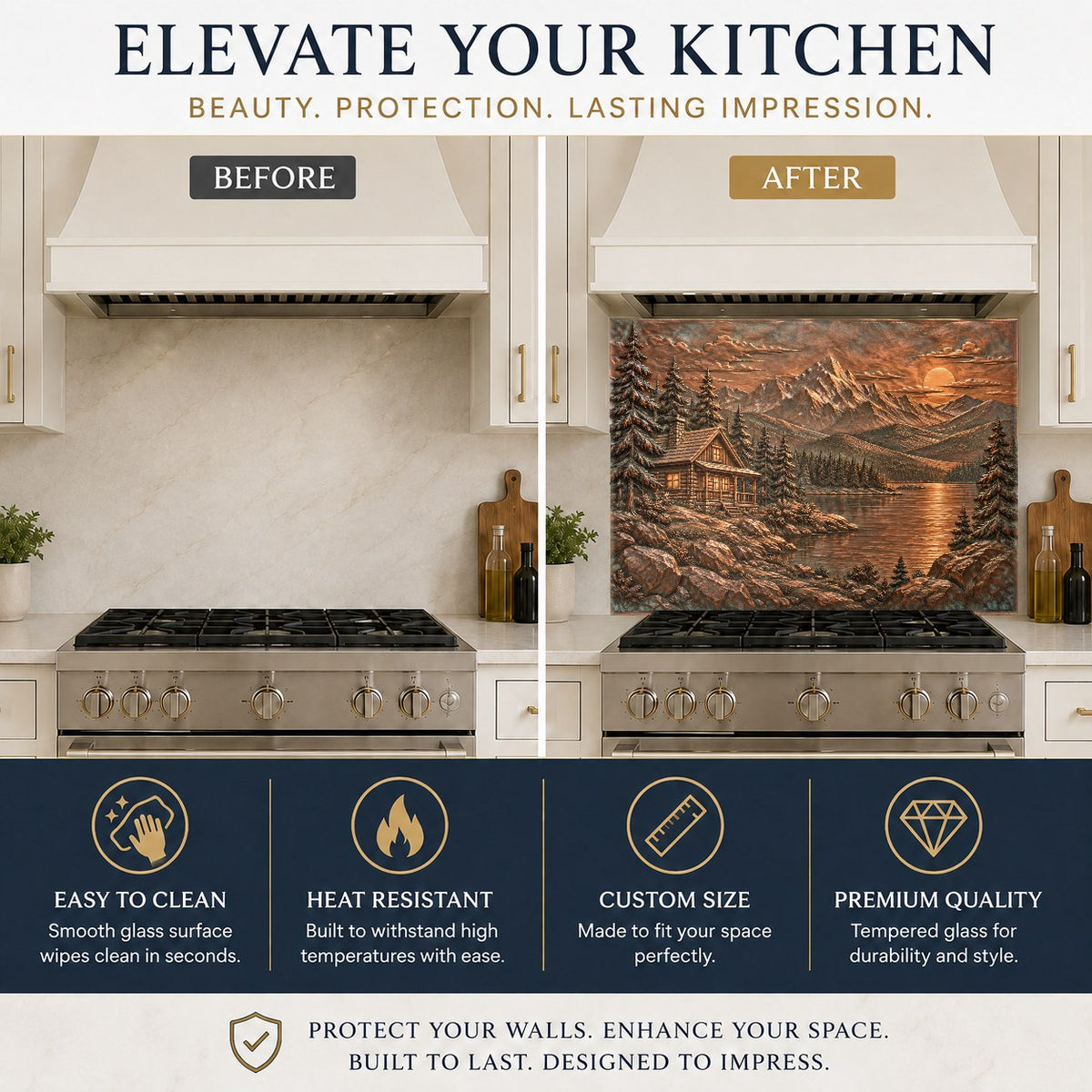 Tempered glass backsplash with cabin design installed in a kitchen island cooking area