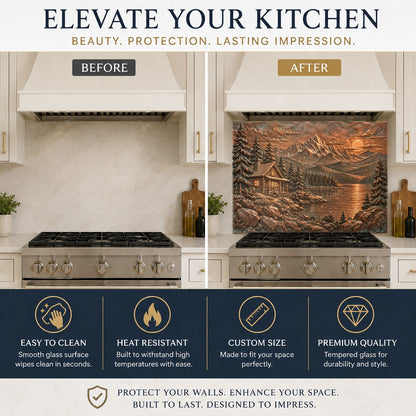 Tempered glass backsplash with cabin design installed in a kitchen island cooking area