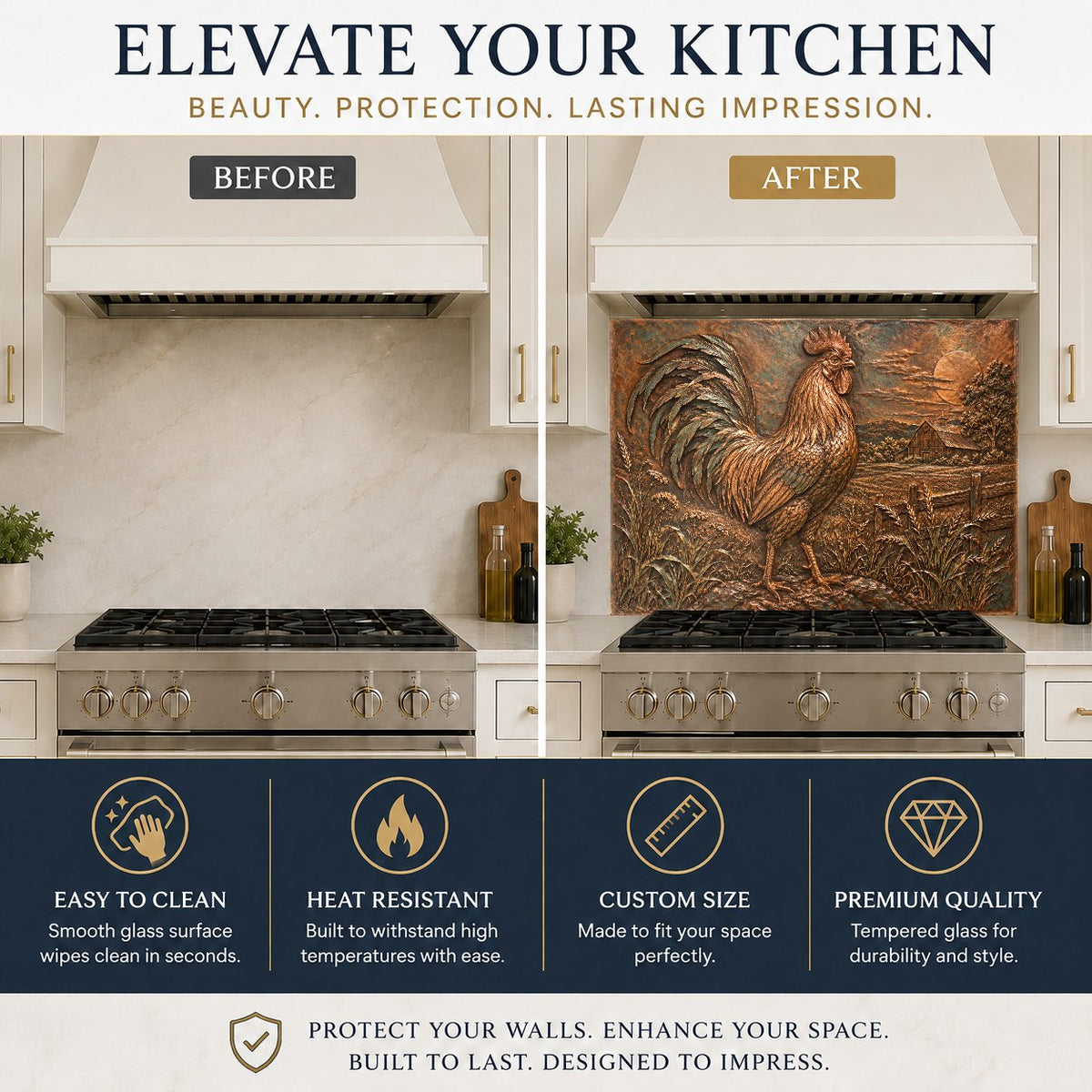 Rustic rooster farmstead kitchen glass panel behind a ceramic stovetop