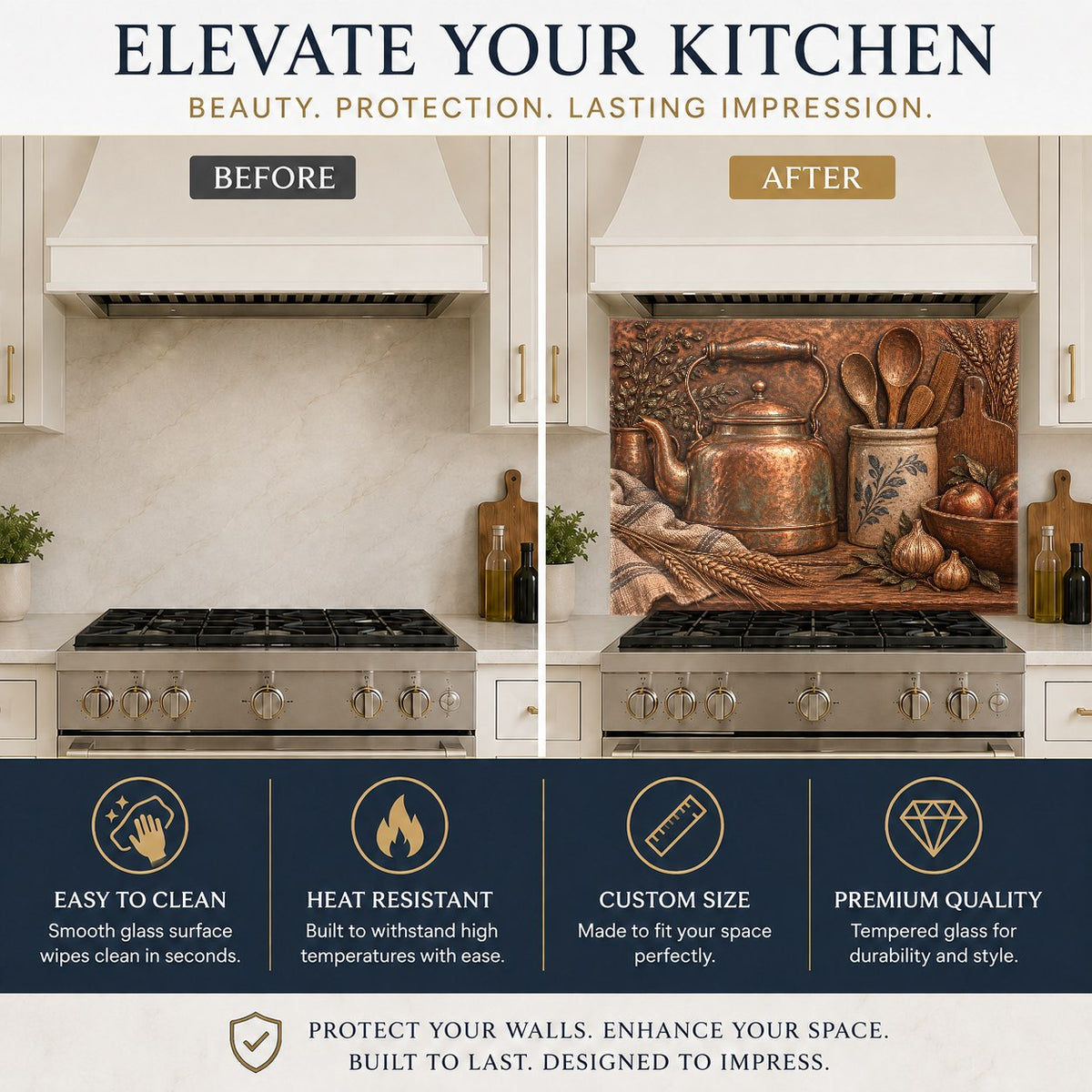 Country kitchen backsplash featuring a copper kettle design behind a gas cooktop