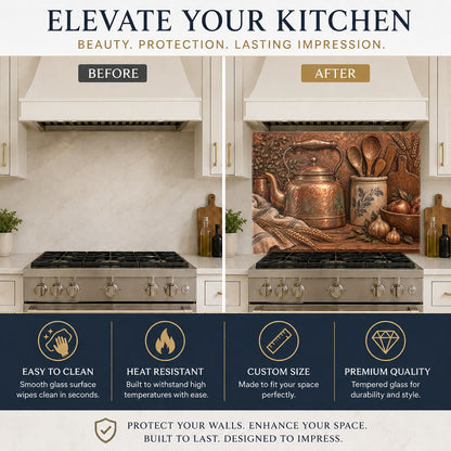 Country kitchen backsplash featuring a copper kettle design behind a gas cooktop