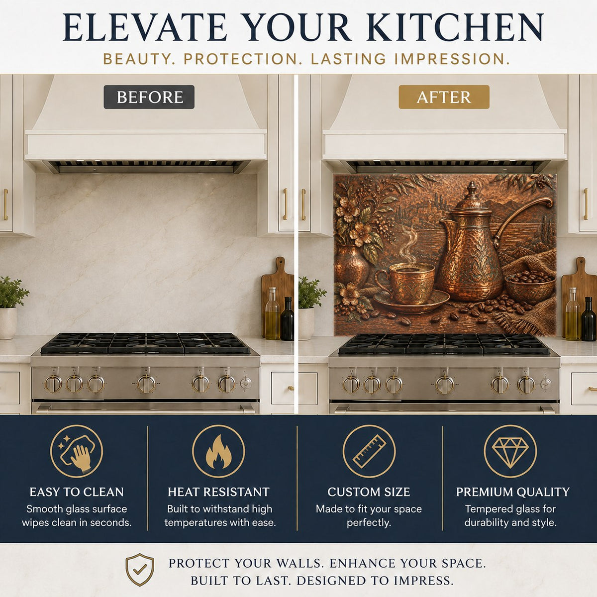 Coffee cezve themed heat resistant glass backsplash in a luxury kitchen