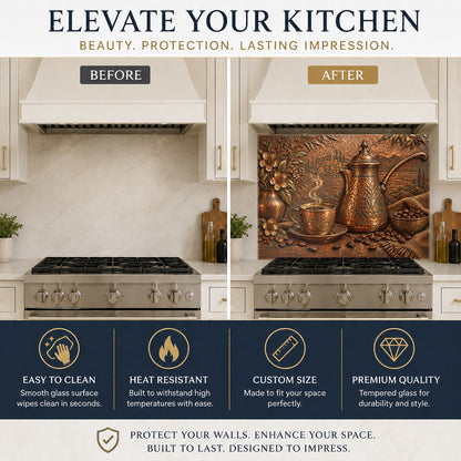 Coffee cezve themed heat resistant glass backsplash in a luxury kitchen
