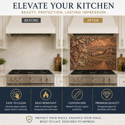 Rustic vineyard kitchen glass panel behind a professional range