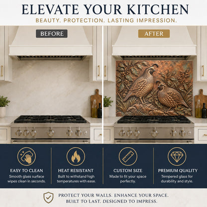 Quail Pair kitchen glass backsplash panel featured on an island wall