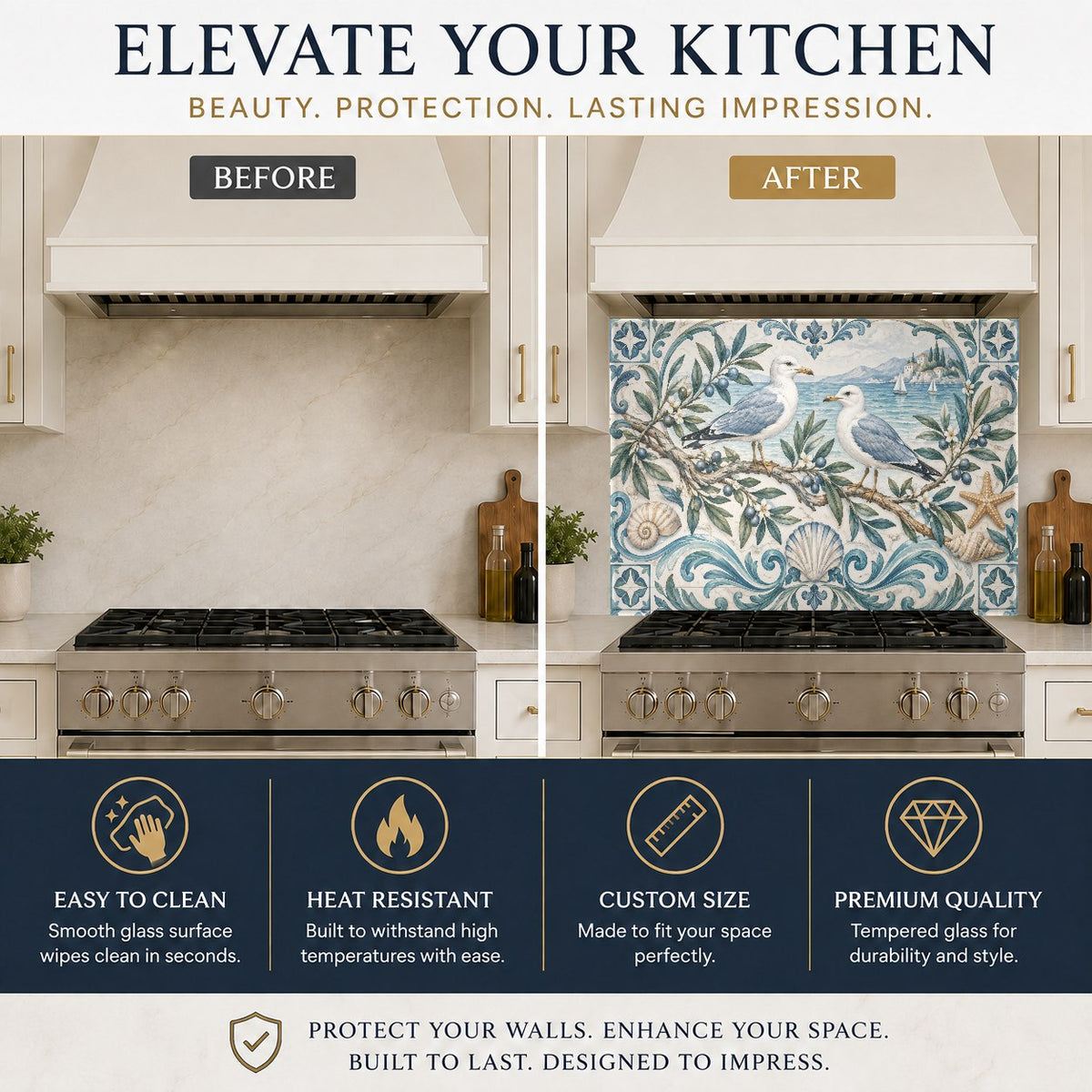 Tempered glass kitchen backsplash featuring seagull and olive motif in an island kitchen