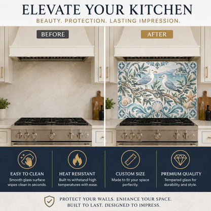 Tempered glass kitchen backsplash featuring seagull and olive motif in an island kitchen