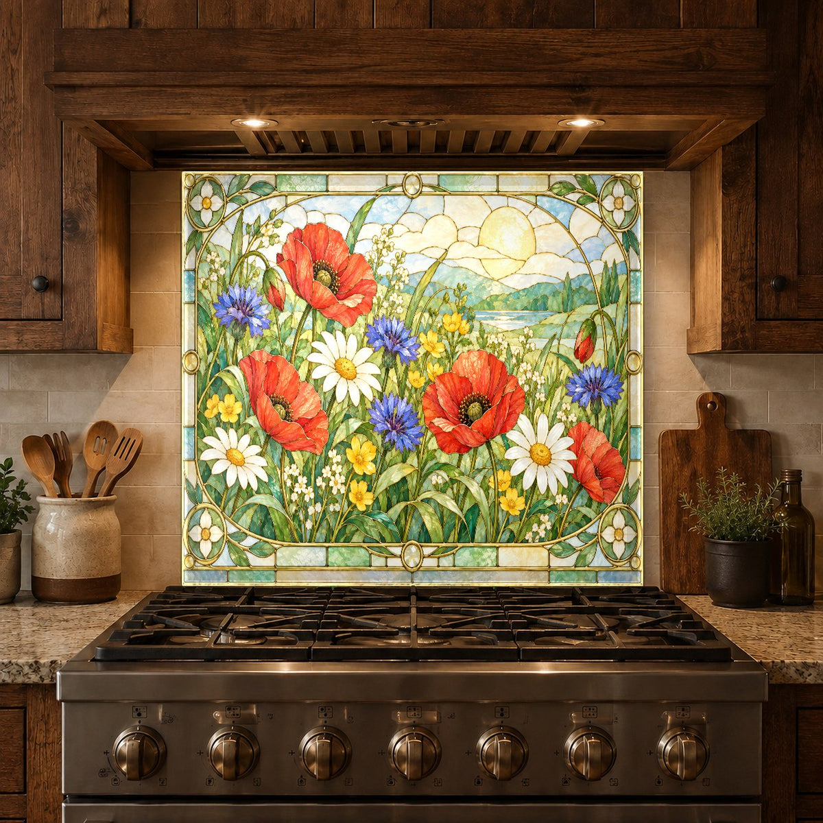 Red poppy kitchen glass backsplash protecting the wall behind an electric range