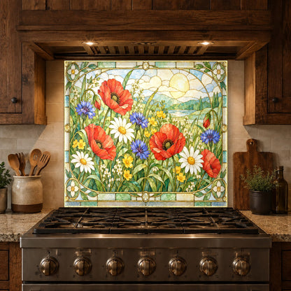 Red poppy kitchen glass backsplash protecting the wall behind an electric range