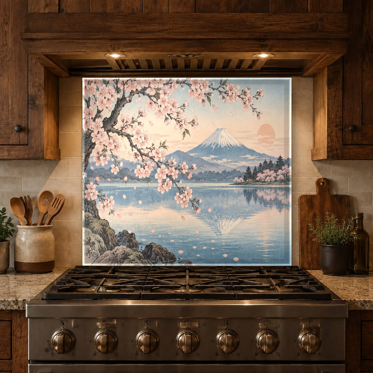 Tempered glass kitchen backsplash featuring Fuji Blossom over a kitchen island