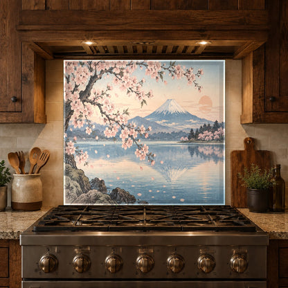 Tempered glass kitchen backsplash featuring Fuji Blossom over a kitchen island
