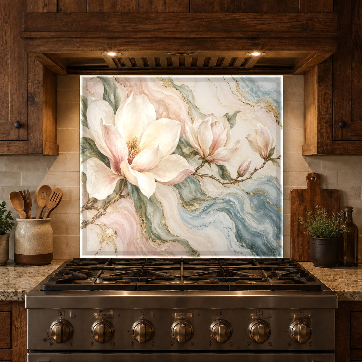 Kitchen sink wall protected by Marble Magnolia tempered glass backsplash panel
