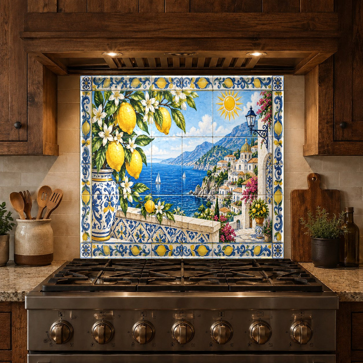 Luxury kitchen sink wall featuring a waterproof Amalfi lemons tempered glass splashback
