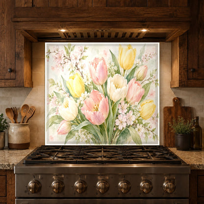 Kitchen sink wall featuring vibrant watercolor tulips glass backsplash panel