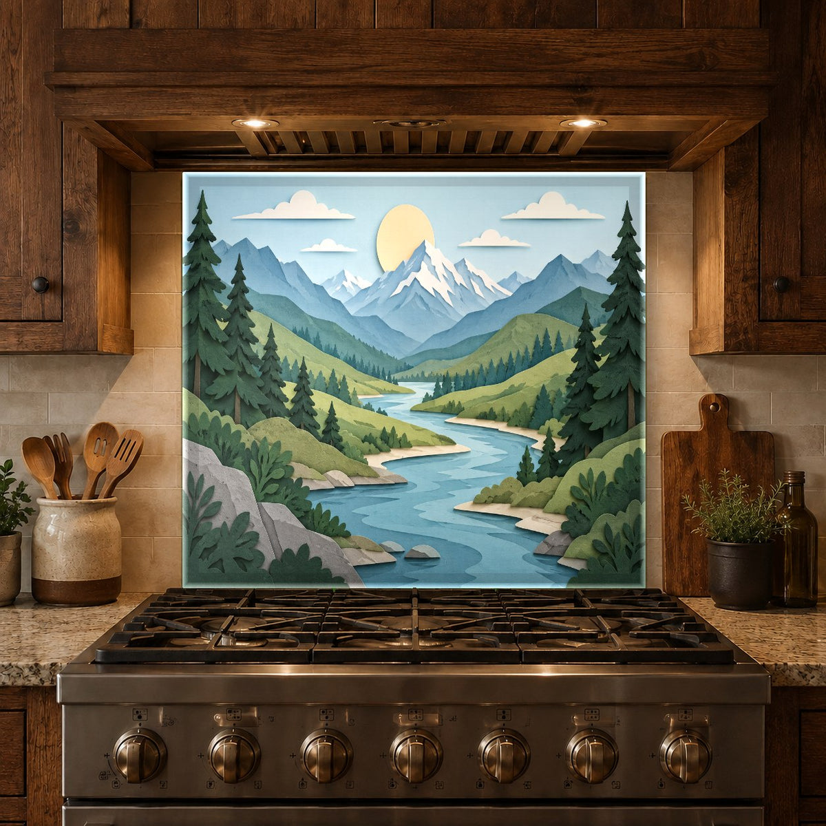 Tempered glass kitchen backsplash panel glowing under under-cabinet LED kitchen lighting