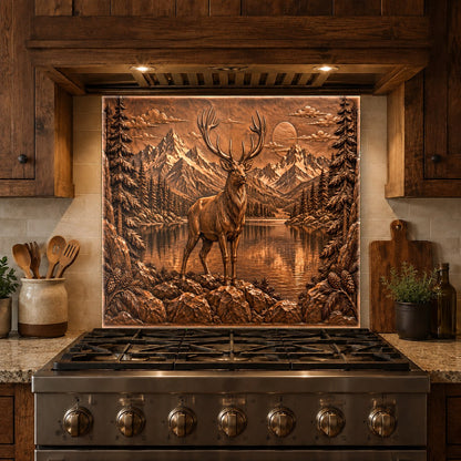 Custom glass backsplash featuring a copper deer on a kitchen island wall