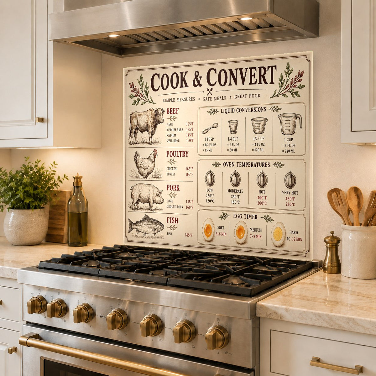 Meat Temperature Chart tempered glass backsplash as a full-wall kitchen backsplash