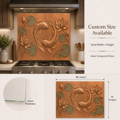 Decorative koi fish glass backsplash panel installed in a modern home bar area