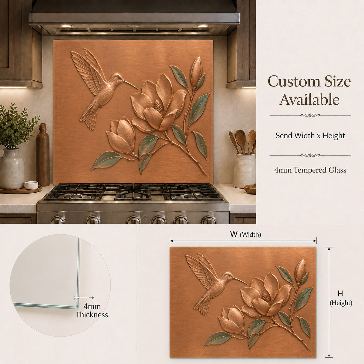Magnolia Hummingbird glass backsplash featured in a luxury kitchen island setup