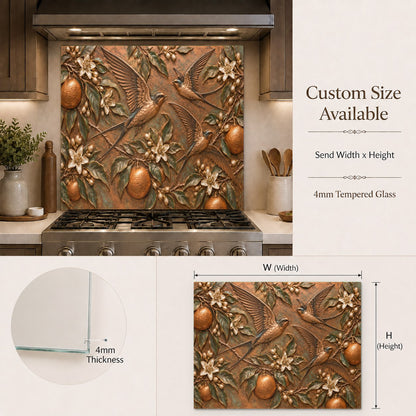 Full kitchen backsplash featuring the Orange Swallows glass panel design
