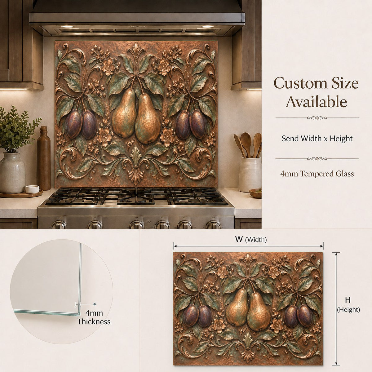 Farmhouse style kitchen featuring a pear and plum fruit glass backsplash panel behind the sink