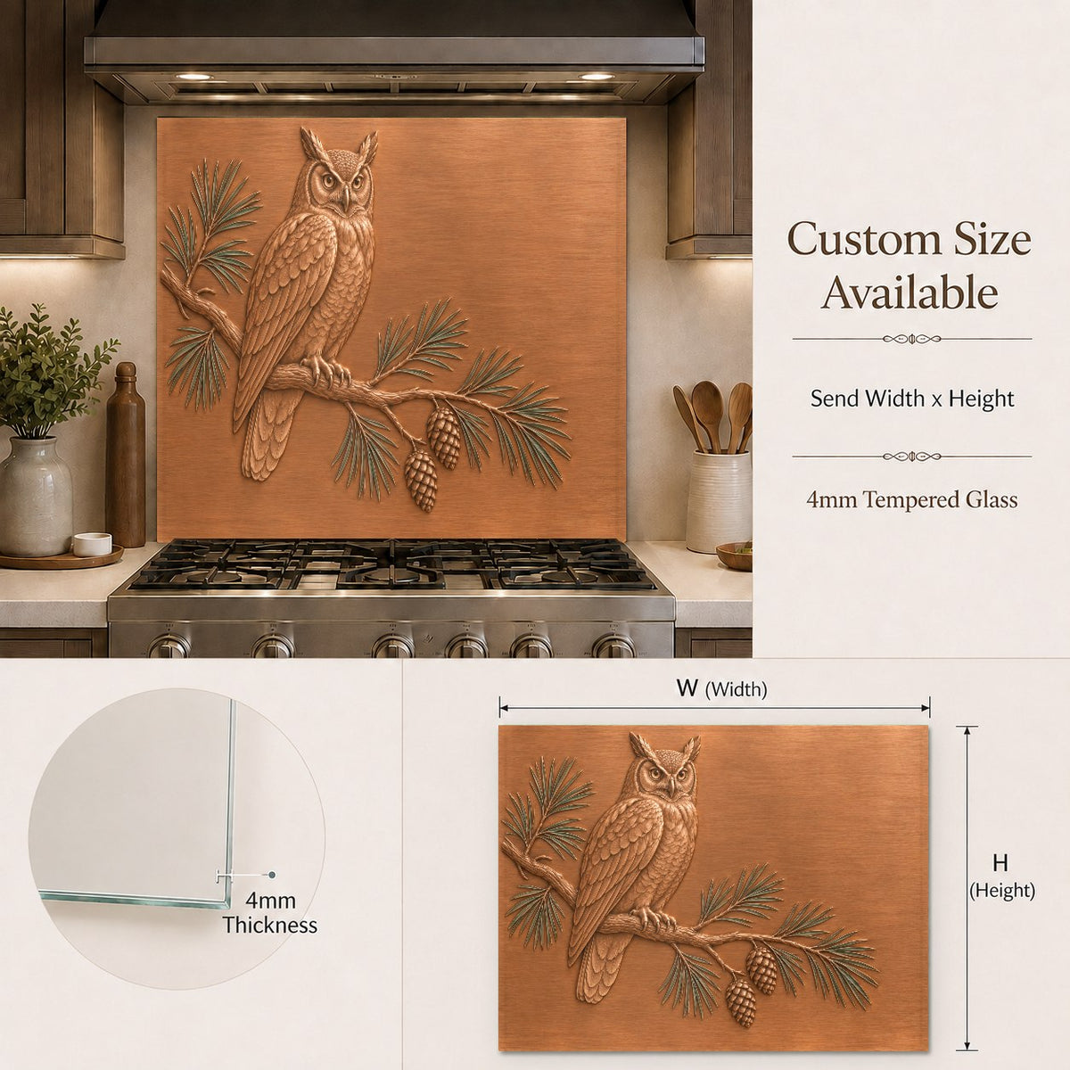 High gloss glass kitchen backsplash panel with owl design above a countertop