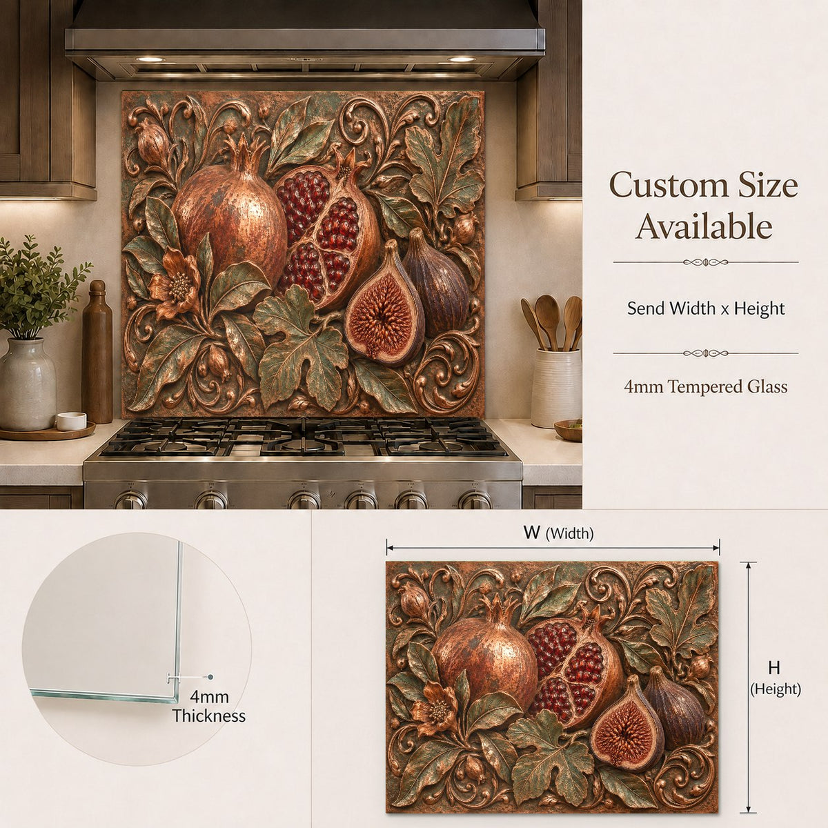 Pomegranate Fig fruit kitchen glass backsplash in a luxury home bar area