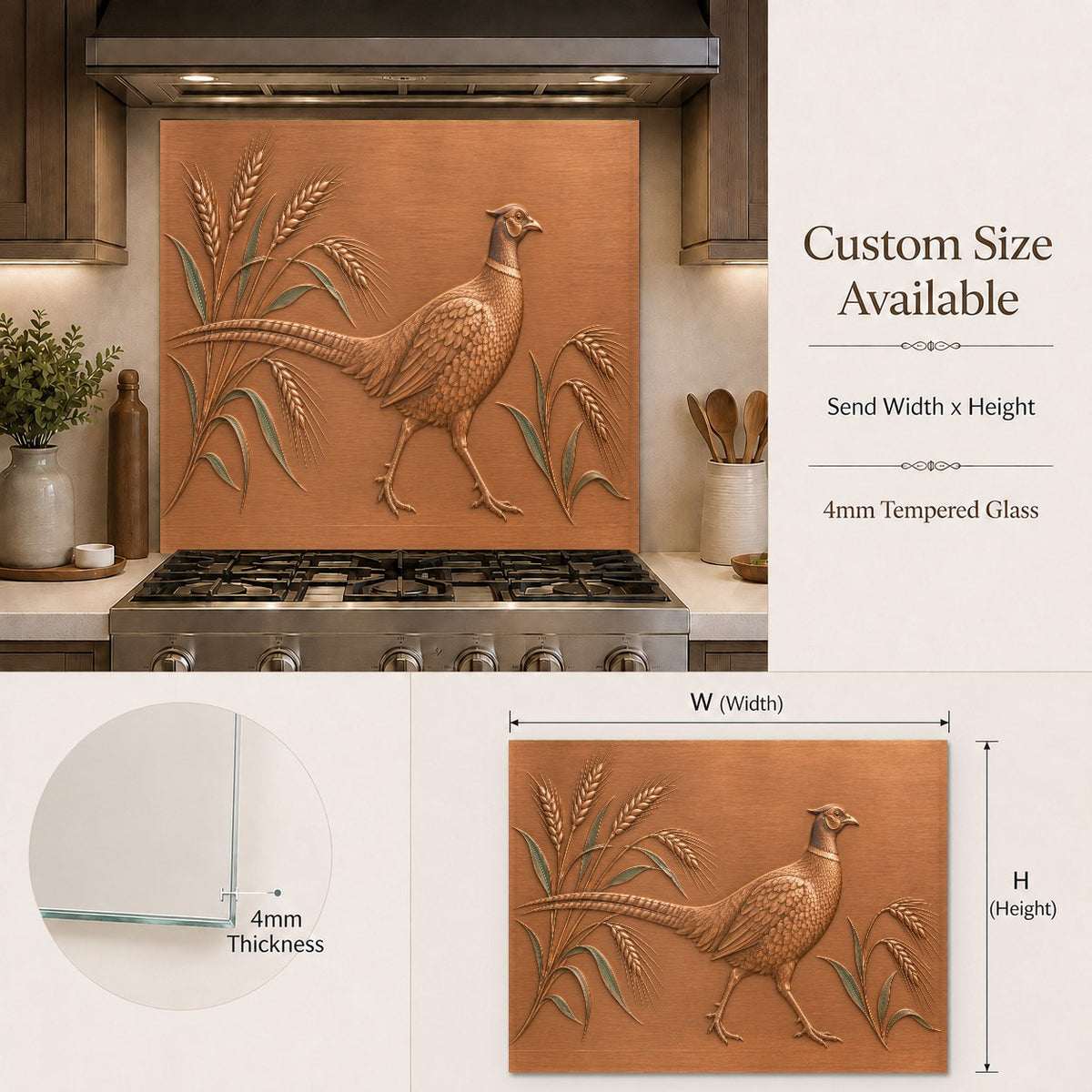 Heat-resistant glass backsplash featuring a pheasant behind the range
