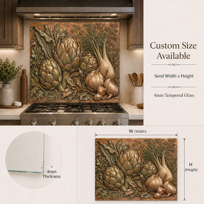 Tempered glass stove splash guard with artichoke and garlic print