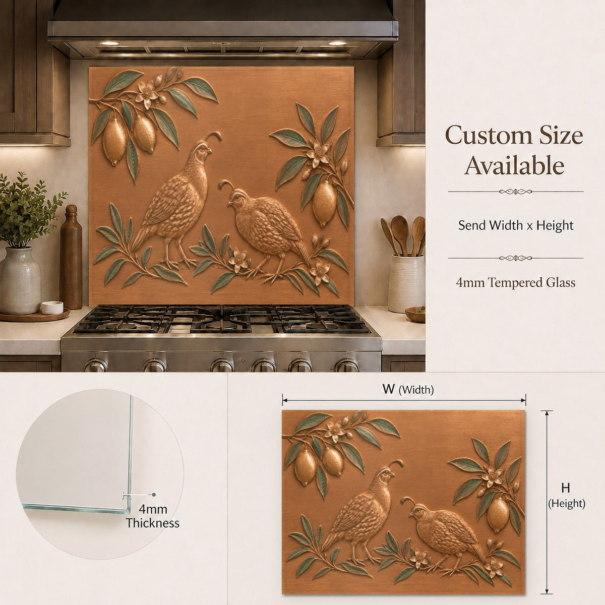 Vibrant citrus and quail glass backsplash in a bright modern kitchen