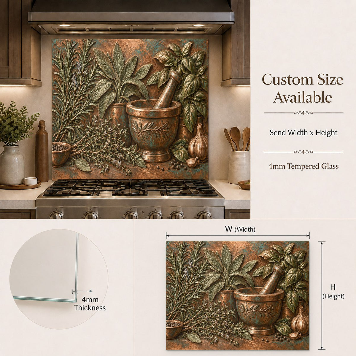 Rustic herb mortar glass backsplash panel installed on a kitchen island wall