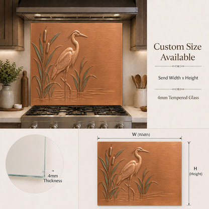 Heron marsh glass backsplash panel installed in a luxury home bar area