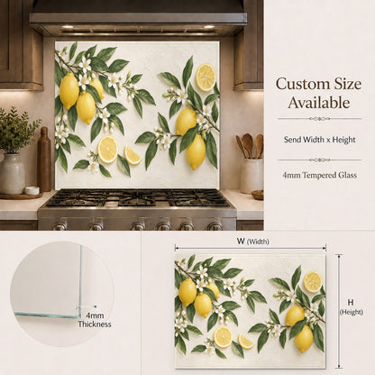 Tempered glass backsplash with citrus fruit design in a luxury kitchen