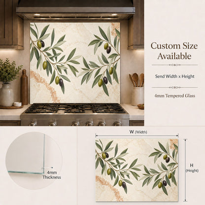 Modern kitchen featuring an olive branch glass backsplash panel along the prep island