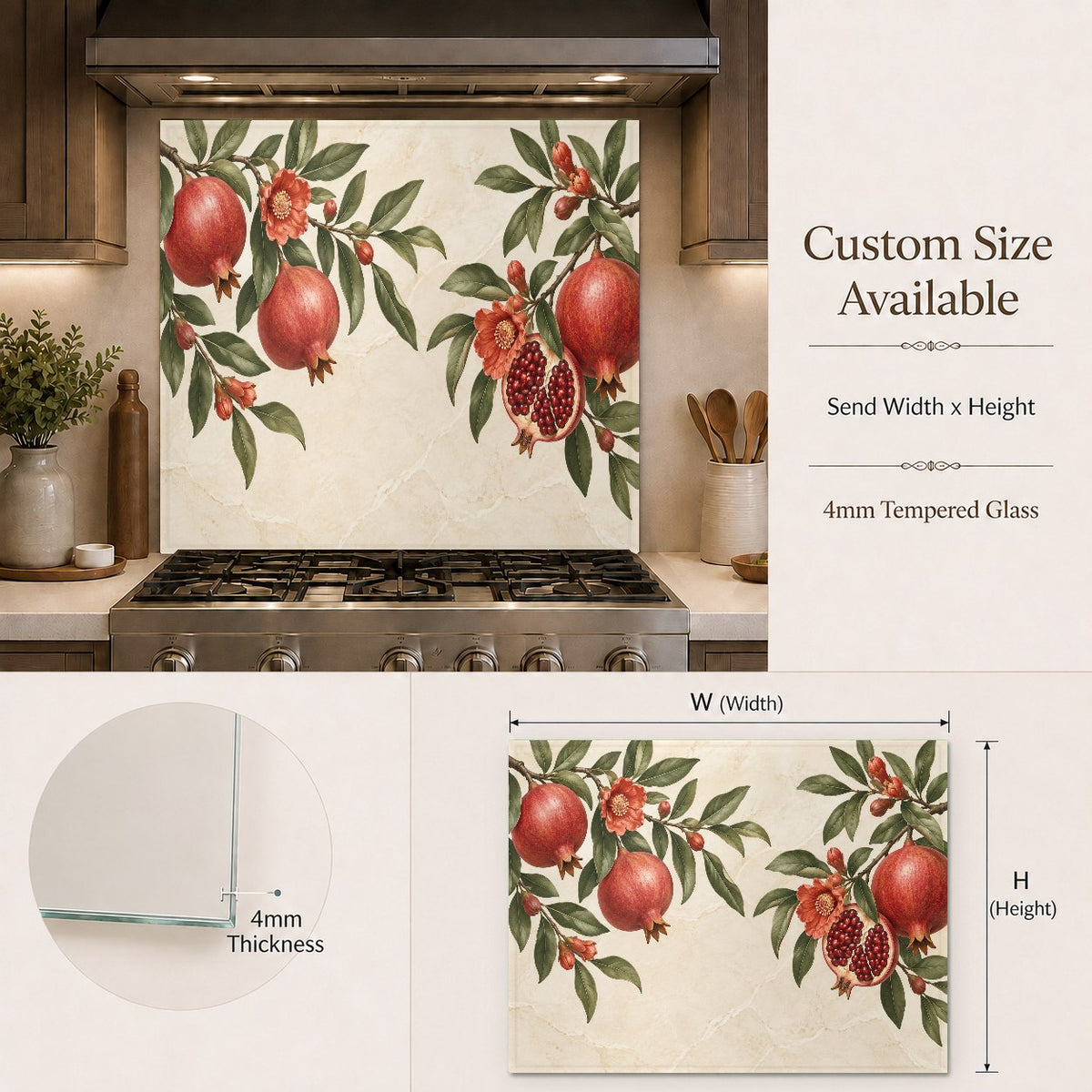 Close-up of vibrant pomegranate branch fruit kitchen backsplash panel