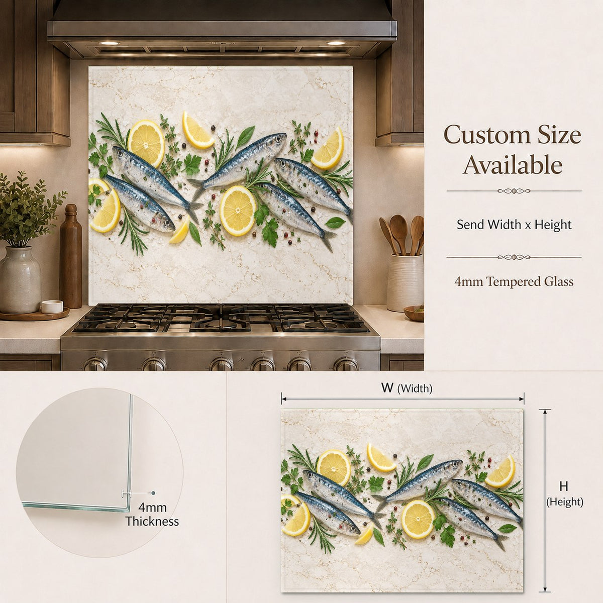 Sardine lemon tempered glass backsplash panel displayed on a clean modern kitchen island wall