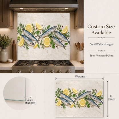 Sardine lemon tempered glass backsplash panel displayed on a clean modern kitchen island wall