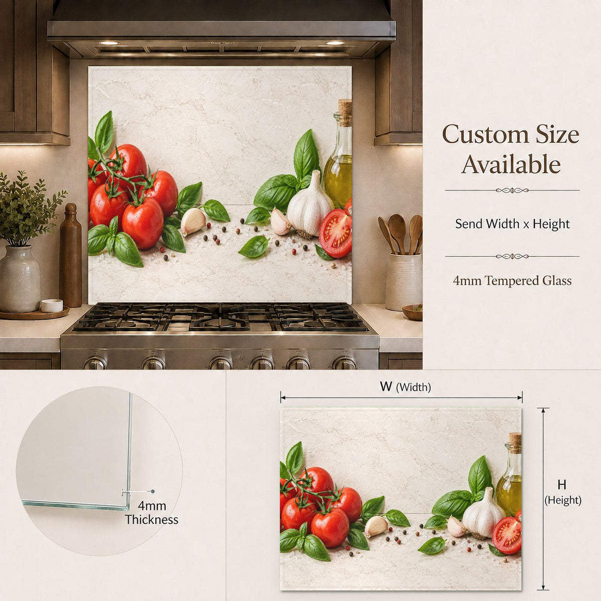 Heat resistant glass backsplash with tomato and basil behind a kitchen sink